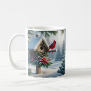 Mug Cardinal d'hiver sur une maison d'oiseaux festive