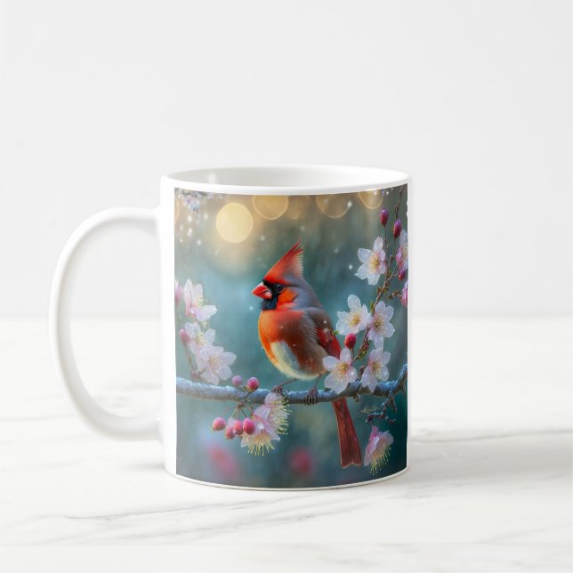 Mug Cardinal masculin en fleurs de cerisiers au clair  (Gauche)