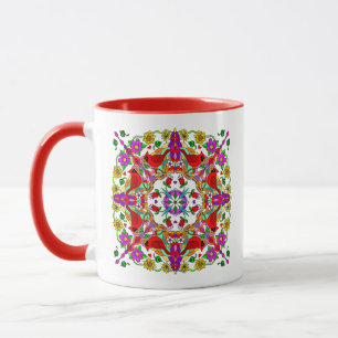 Mug Cardinal rouge et Fleurs colorées Mandala