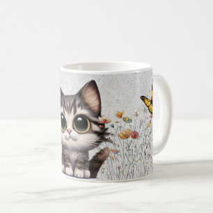 Mug Caricature adorable Tabby Chat, fleurs & papillons