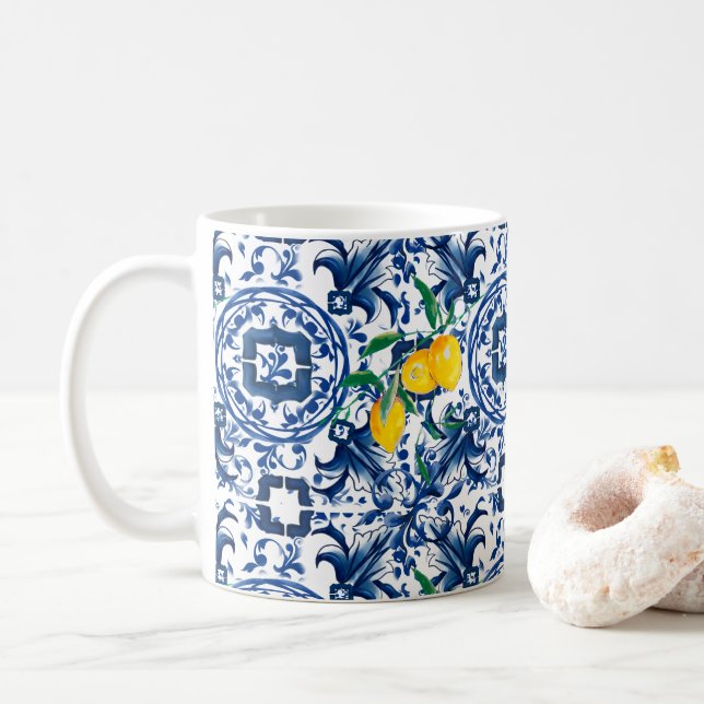Mug Carreaux méditerranéens, majolica, tuiles bleues,  (Avec donut)
