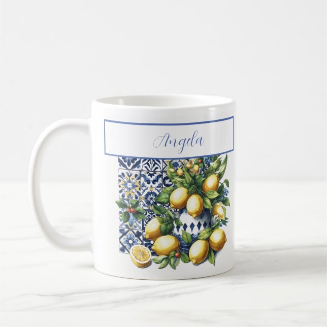 Mug Carrelage bleu italien et citrons | votre nom (Gauche)