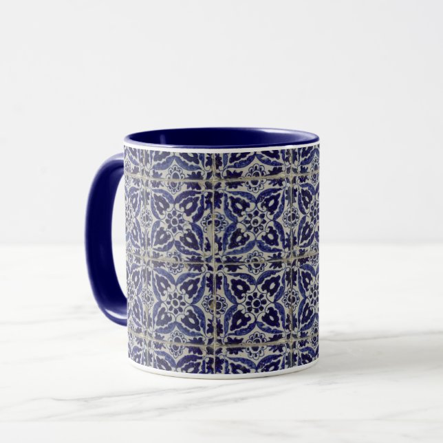 Mug Carrelage italien rustique Azulejo bleu blanc géom (Devant gauche)