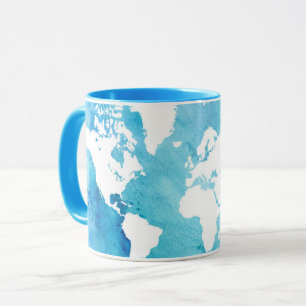 Mug Carte du monde dans des bleus d'aquarelle