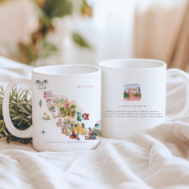 Mug Carte illustrée de l'aquarelle du Mexique | Monogr (Créateur téléchargé)