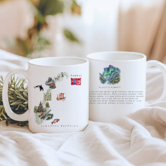 Mug Carte illustrée de Norvège aquarelle | Monogramme