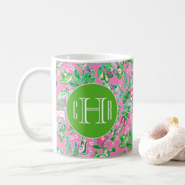 Mug Carte Texas Pink & Green Preppy Motif Monogramme (Avec donut)