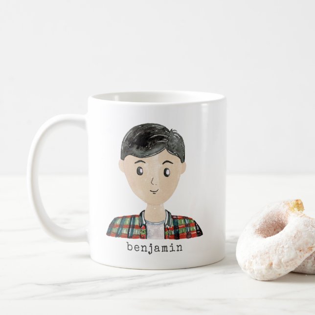 Mug Carton d'aquarelle mignonne Portrait masculin pers (Avec donut)