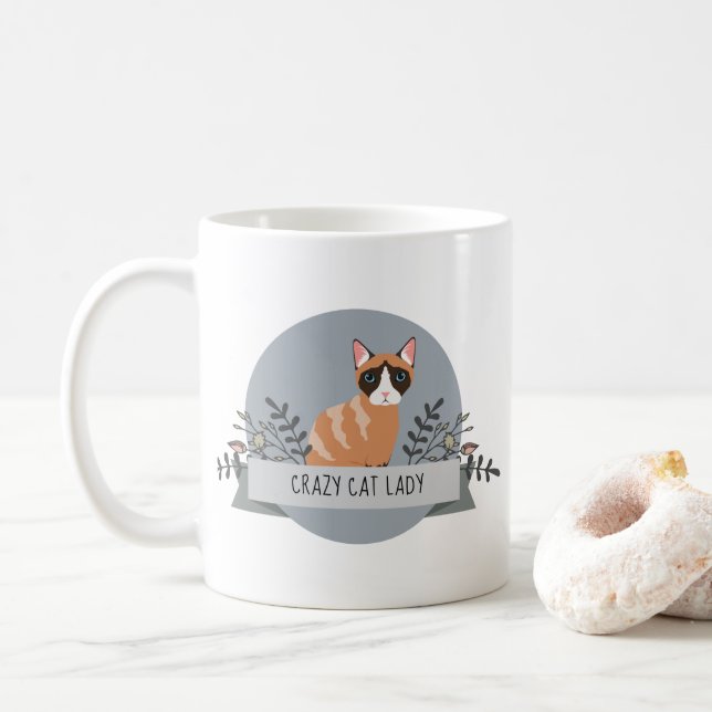 Mug Cartoon mignon Crazy Cat Lady Floral Cat Dessin (Avec donut)
