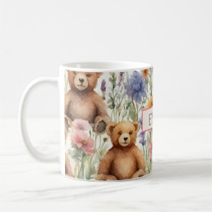 Mug Cartoon Motif Ours Teddy Avec Fleurs Aquarelles