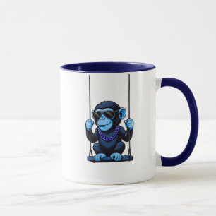 Mug cartoon stylized monkey cool blue on swing