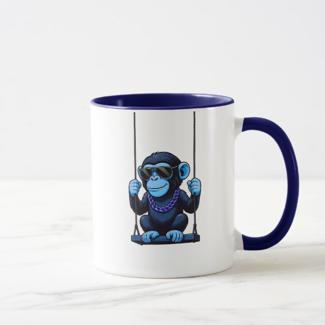 Mug cartoon stylized monkey cool blue on swing (Right)