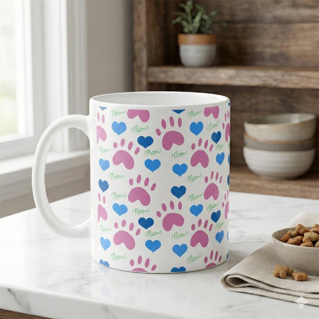 Mug Cat Paw Prints Hearts Meow Pink Blue Green (A mug with a pink, green & blue pattern of cat paw prints, hearts and meows.)
