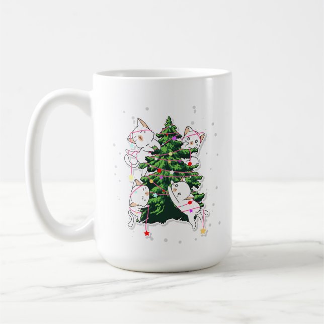 Mug cats climbing and decorating a Christmas tree  (Gauche)