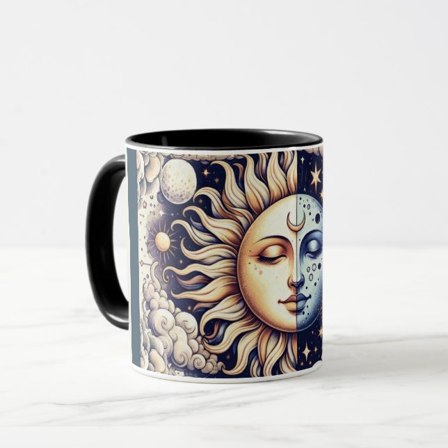 Mug Céleste Vintage Demi Soleil & Lune Bleu Jaune (Devant gauche)