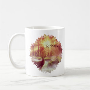 Mug Cerf dans une forêt brumeuse au lever de soleil do