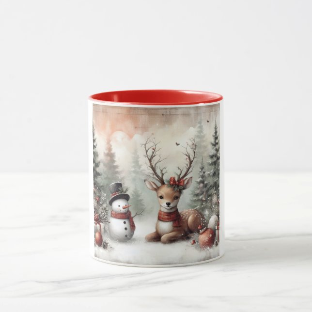 Mug Cerf de Noël/bonhomme de neige en bois classique (Centre)