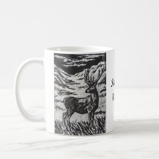 Mug Cerf écossais en verre neigeux Linocut noir et bla (Gauche)