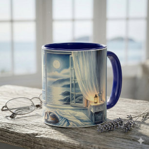 Mug Chambre Côtière au Clair de Lune avec Chat Endormi