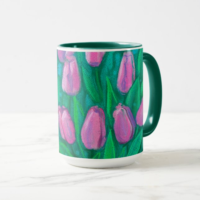 Mug Champ de tulipes roses, Fleurs de printemps peintu (Devant droit)