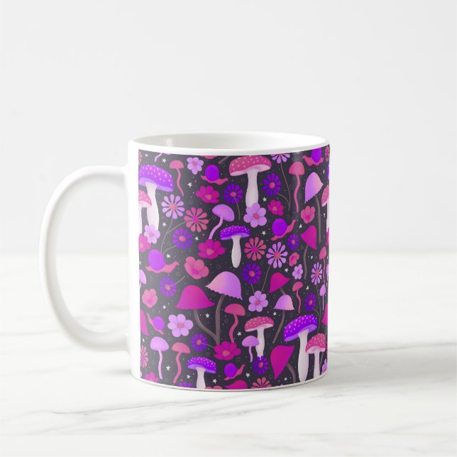 Mug Champignons et fleurs Trippy rose, violet et noir (Gauche)