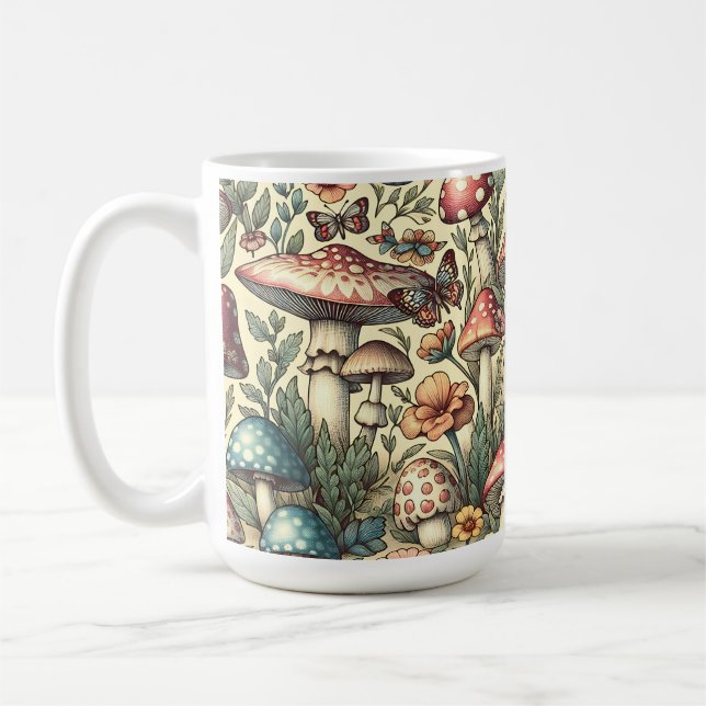 Mug Champignons vintages, Fleurs, Papillons Whimsical (Gauche)
