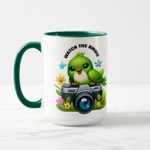 Mug Chanson d'oiseau amusant assis sur une caméra