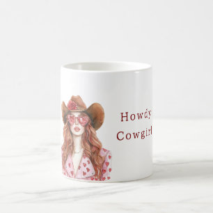 Mug Chapeau de Cowgirl Cheveux Rouges Cœurs Roses Lune