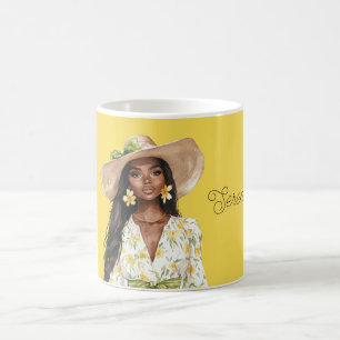 Mug Chapeau de dame jaune noir Boucles d'oreilles flor