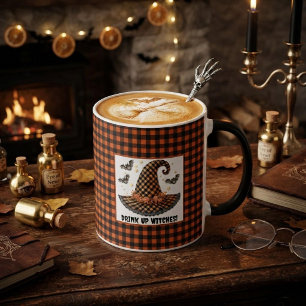 Mug Chapeau de sorcière Halloween à carreaux orange et