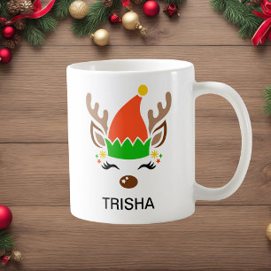 Mug Chapeau d'elfe Renne Noël Nom personnalisé Fêtes