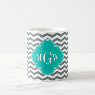 Mug Charbon fin Chevron Turquoise Quatrefoil 3 Monogra