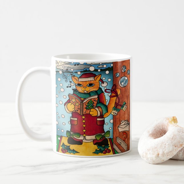 Mug Charmant charmant Noël Carol Chanteur Chat (Avec donut)