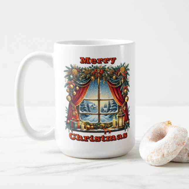 Mug Charme de la fenêtre de Noël enneigée (Avec donut)