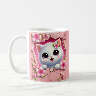 Mug Chat 3D adorable regardant à travers un mur floral