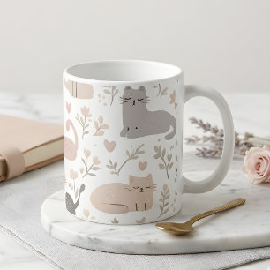 Mug Chat Adorable au Pastel & Café à Motif Floral