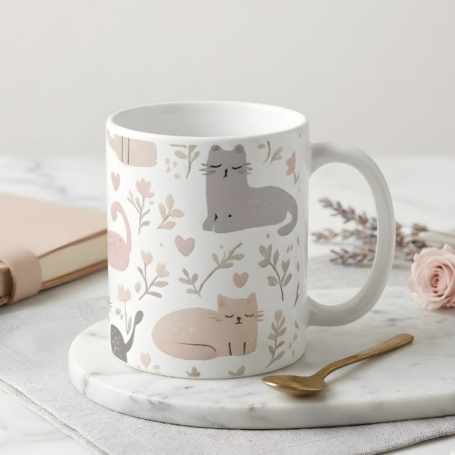 Mug Chat Adorable au Pastel & Café à Motif Floral (Créateur téléchargé)