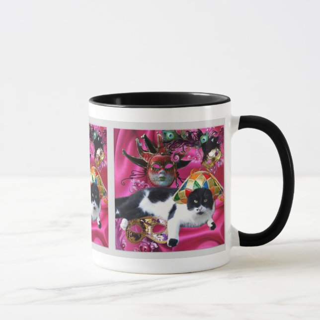 MUG CHAT AVEC CASQUETTE HARLEQUIN ET MASQUERADE DE FÊT (Droite)