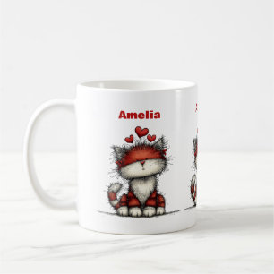 Mug Chat avec des cœurs d'amour rouges Mignon et drôle