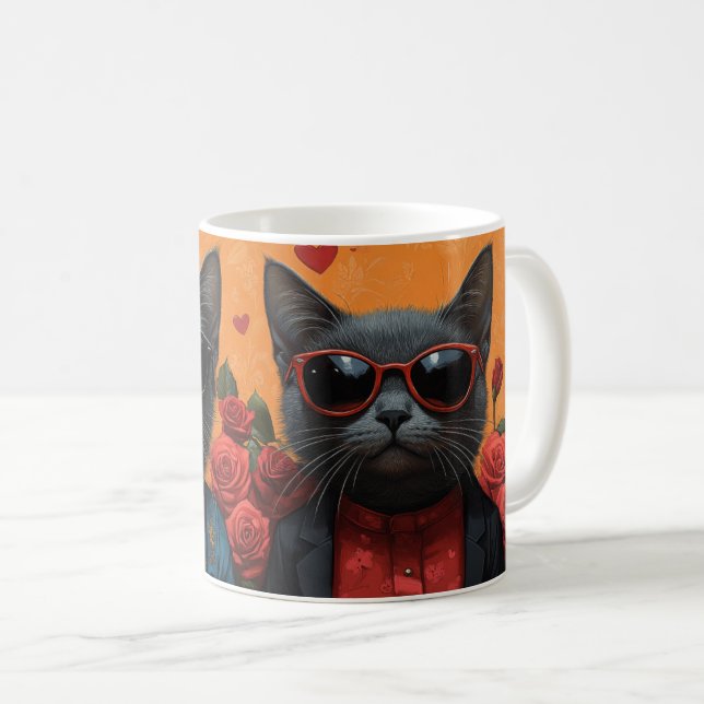 Mug Chat bleu russe avec coeur Roses Saint-Valentin (Devant droit)