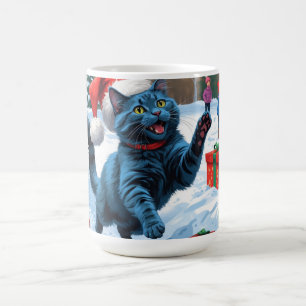 Mug Chat Bleu Russe Courant dans la Neige avec un Chap