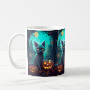Mug Chat bleu russe d'Halloween avec la peur Citrouill