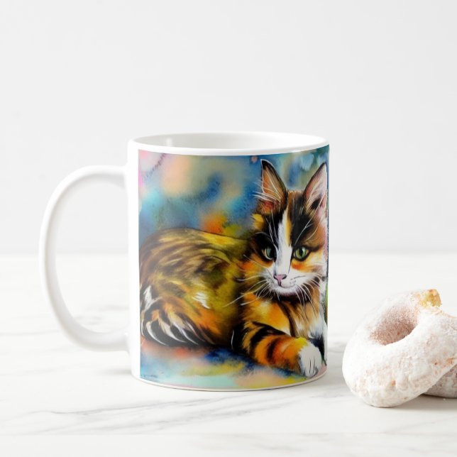 Mug Chat couché, aquarelle (Avec donut)