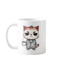 Chat couché avec café, chaton grumeux, chat pyjama