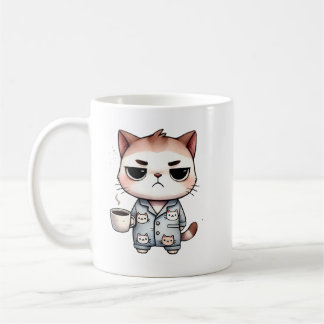 Mug Chat couché avec café, chaton grumeux, chat pyjama