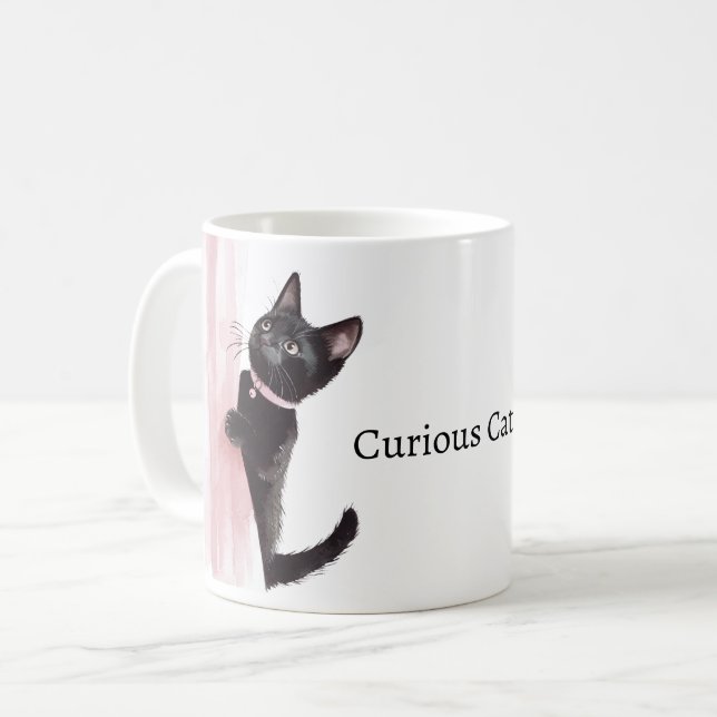 Mug Chat curieux au rideau rose (Devant gauche)