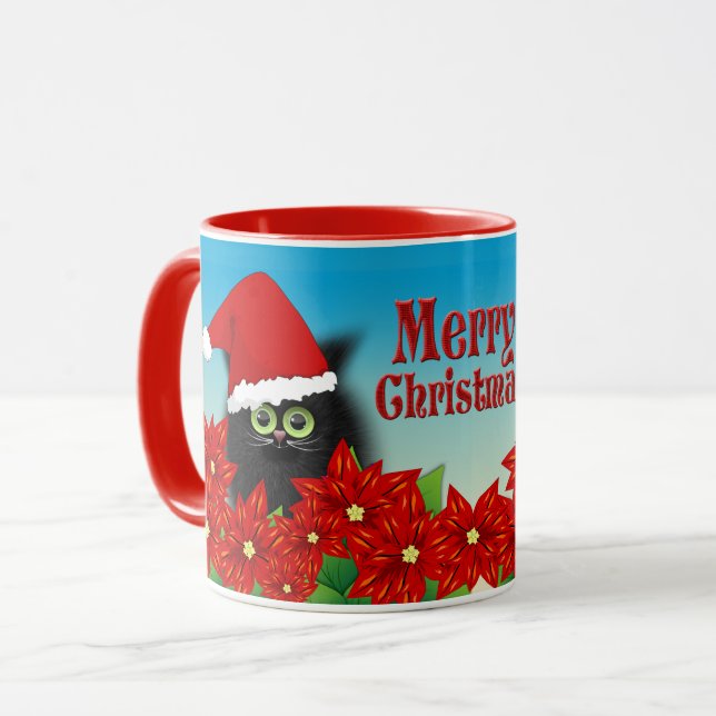 Mug Chat de Noël à Santa Hat Amid Poinsettia (Devant gauche)