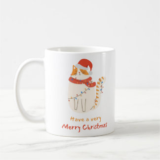 Mug Chat de Noël en chapeau de Noël enveloppé de lumiè