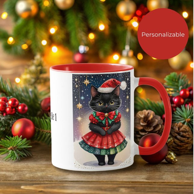 Mug Chat de Noël noir en Jupe rouge et verte (Créateur téléchargé)