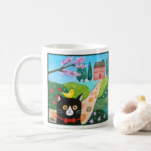 Mug Chat en smoking mignon et oiseau jaune dans l'art